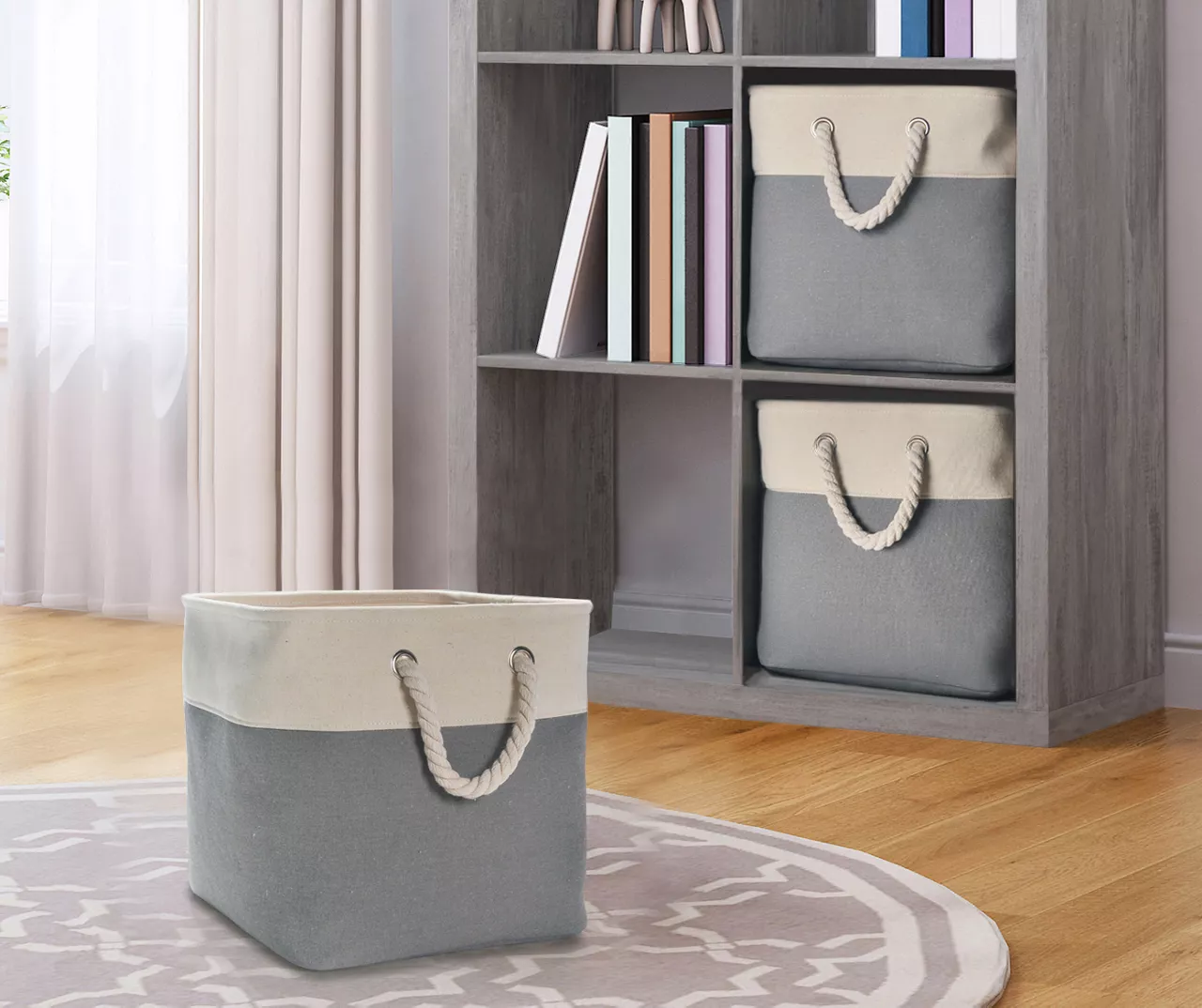 Gray & Cream Fabric Storage Bin With Rope Handles - Image 2