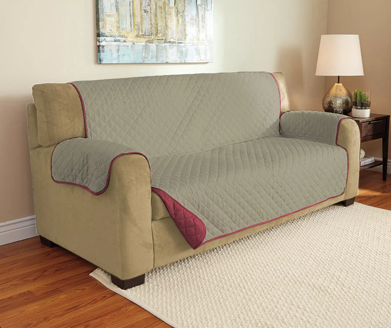 Burgundy & Taupe Microfiber Reversible Sofa Furniture Protector - Image 2