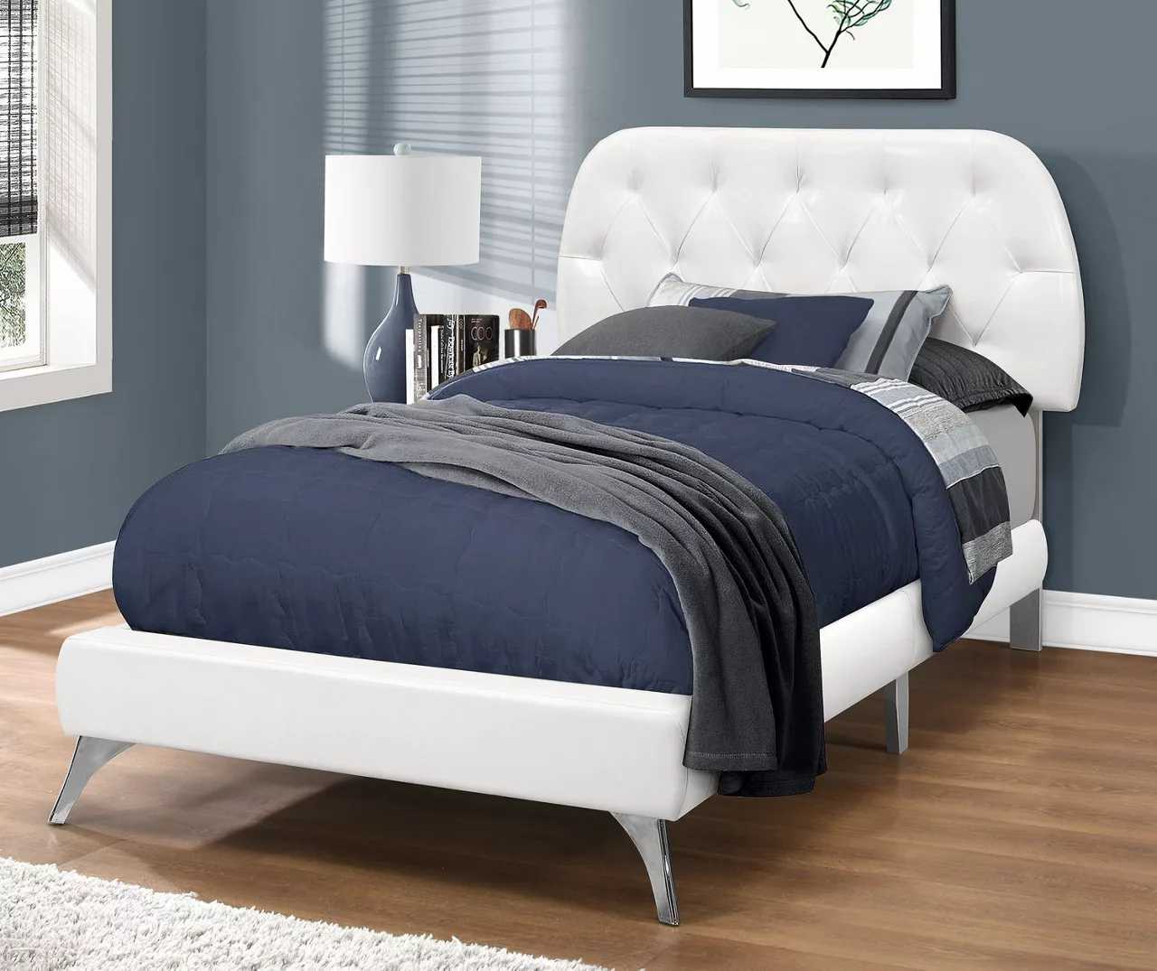 White Tufted Faux Leather Twin Upholstered Platform Bed - Image 2