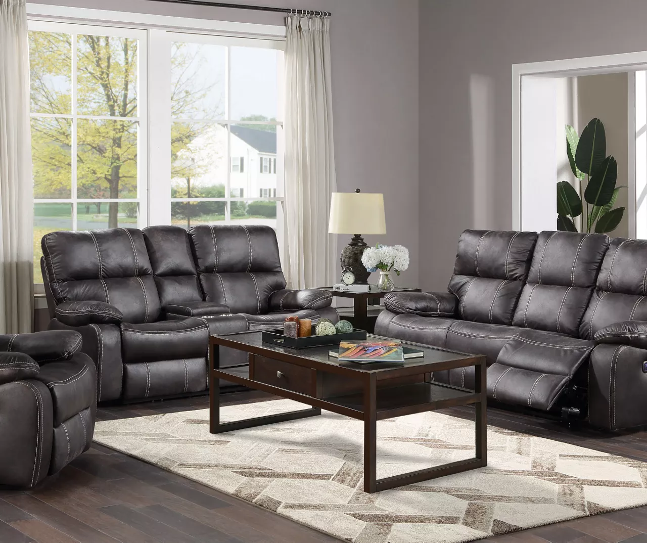 New Albany Dark Graphite Leather Look Micro Suede Swivel Reclining Glider - Image 5