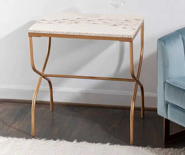 Global Designs Gold Geometric Capiz Mosaic Fish Pattern Accent Table - Image 2