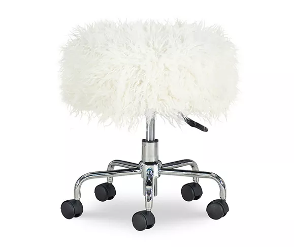 Zola White Faux Fur Rolling Swivel Stool