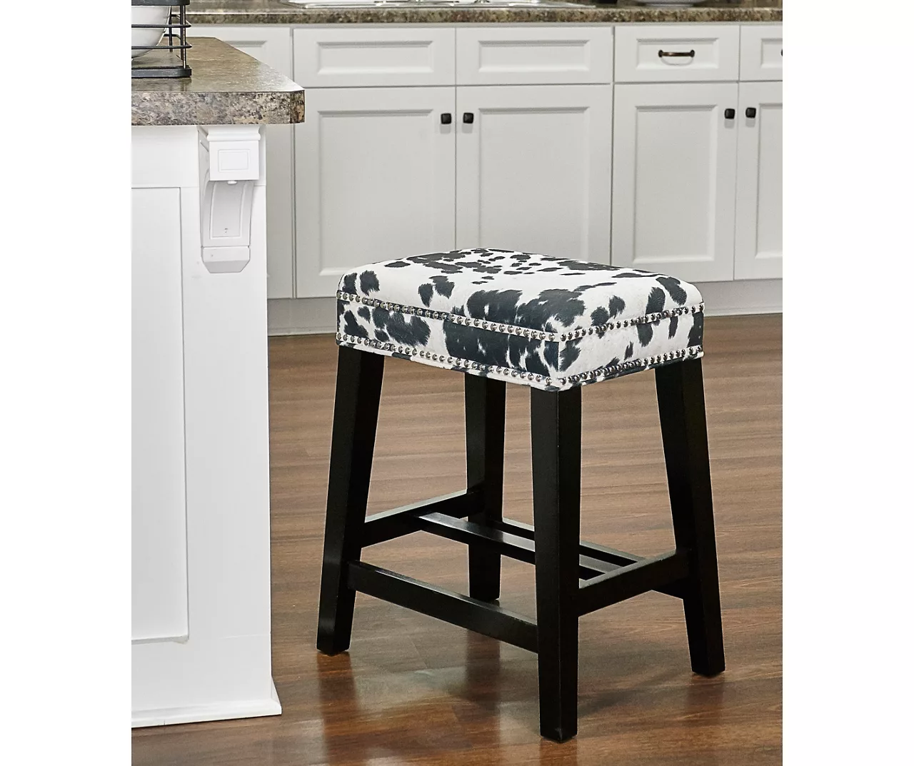 Baldwin White & Black Cow Print Nailhead Counter Stool - Image 2