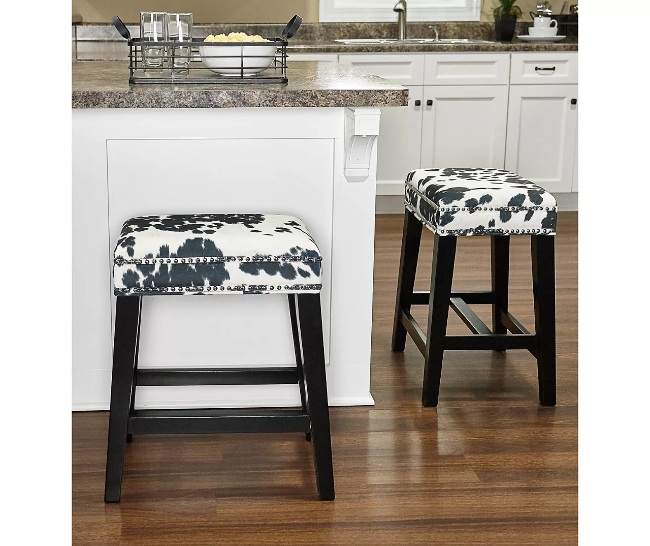 Baldwin White & Black Cow Print Nailhead Counter Stool - Image 3