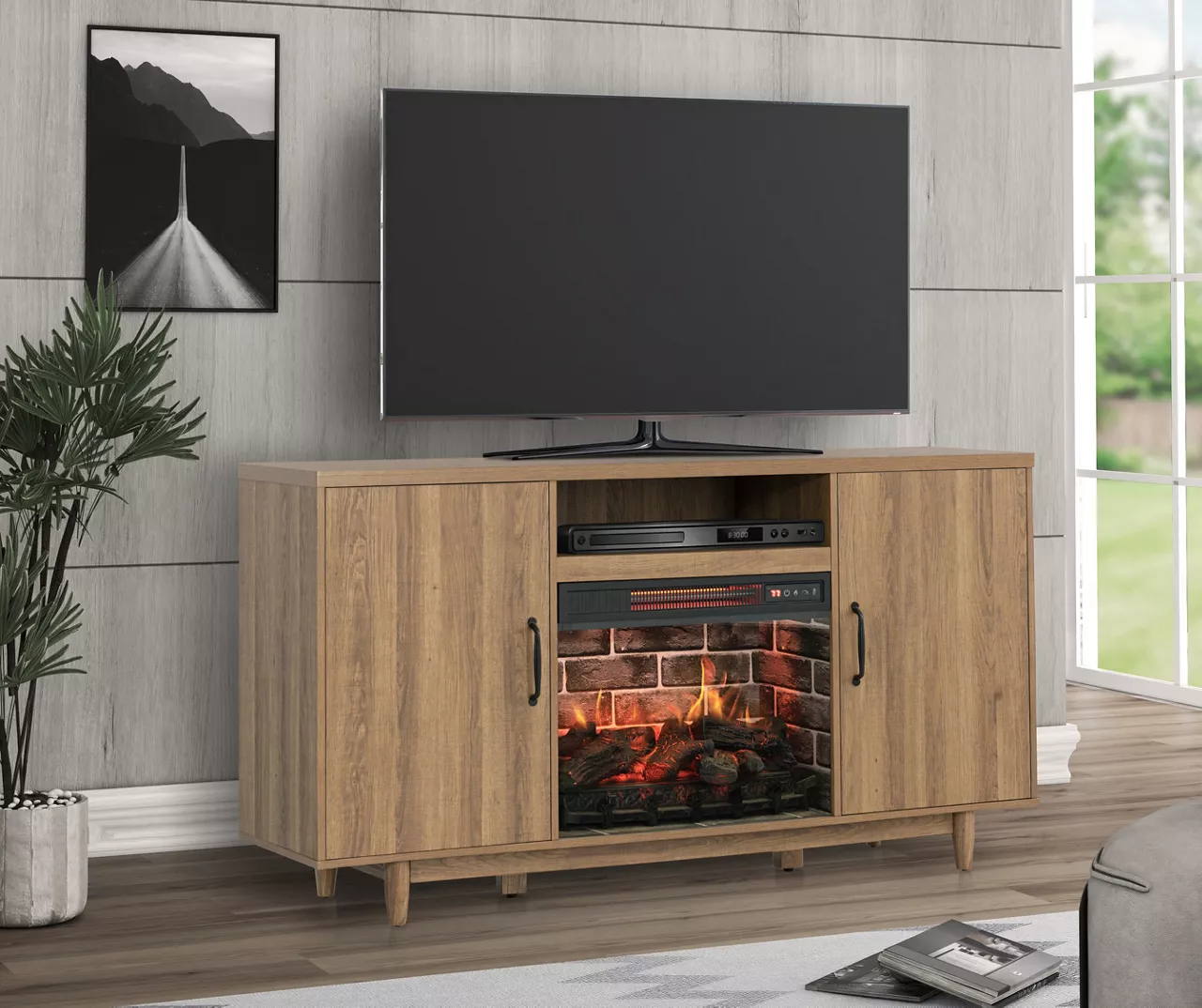 60" Modern Tan Electric Fireplace Console - Image 2